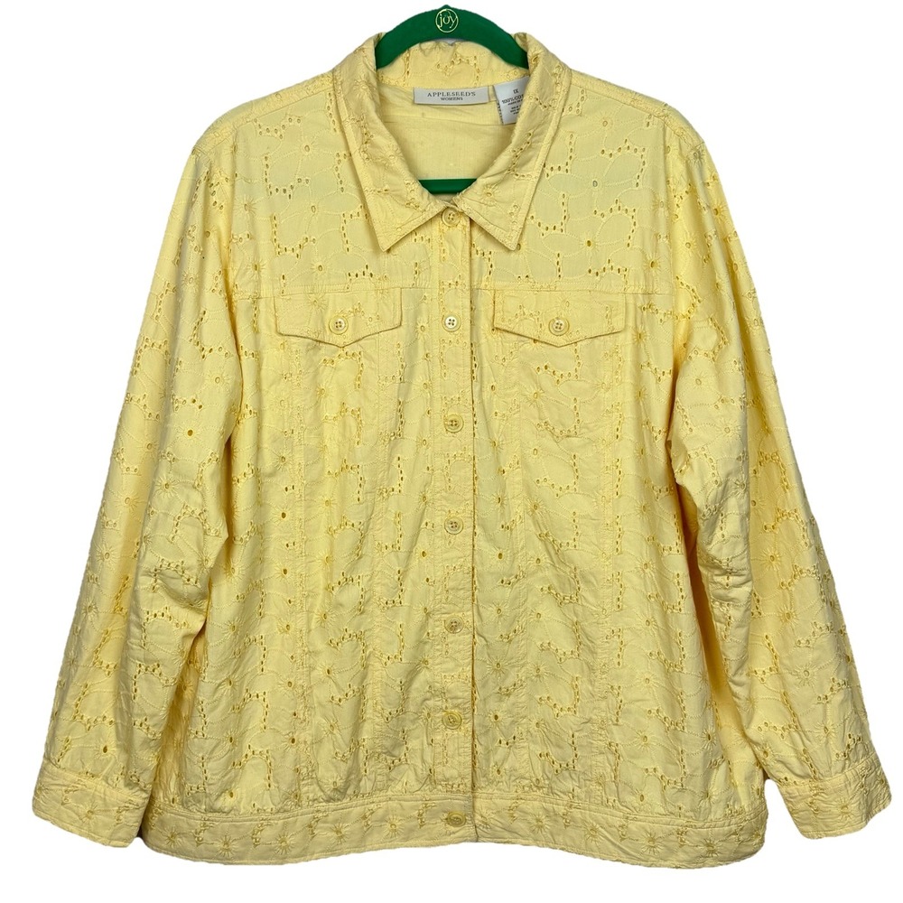 Appleseeds Jacket Shacket Womens 1X Plus Cotton Yellow Floral Eyelet Cottagecore